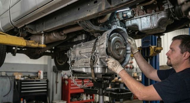 Transmission being installed into vehicle