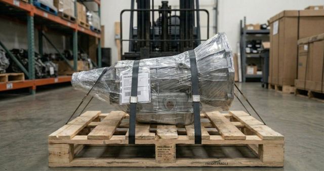 Transmission palletized and strapped for insured freight shipping